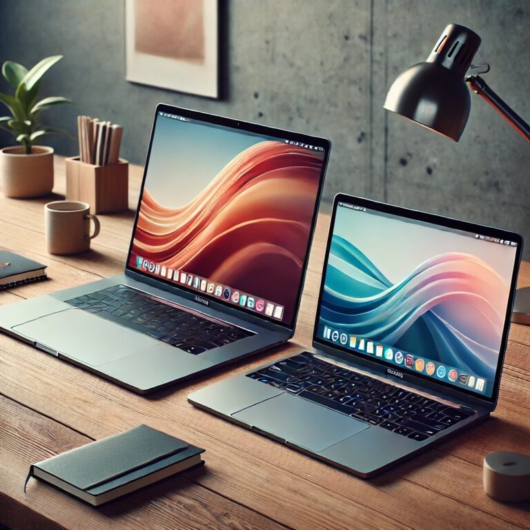 A-sleek-MacBook-Pro-and-a-MacBook-Air-displayed-side-by-side-on-a-modern-wooden-desk