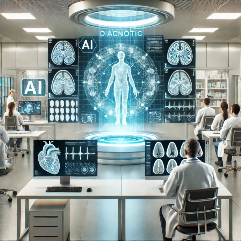 AI system analyzing medical imaging data in a clinical setting.