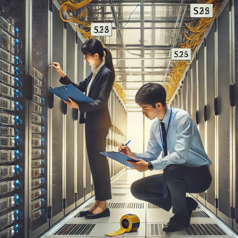 IT-professionals-in-a-server-room-labeling-and-organizing-server-equipment-before-relocation