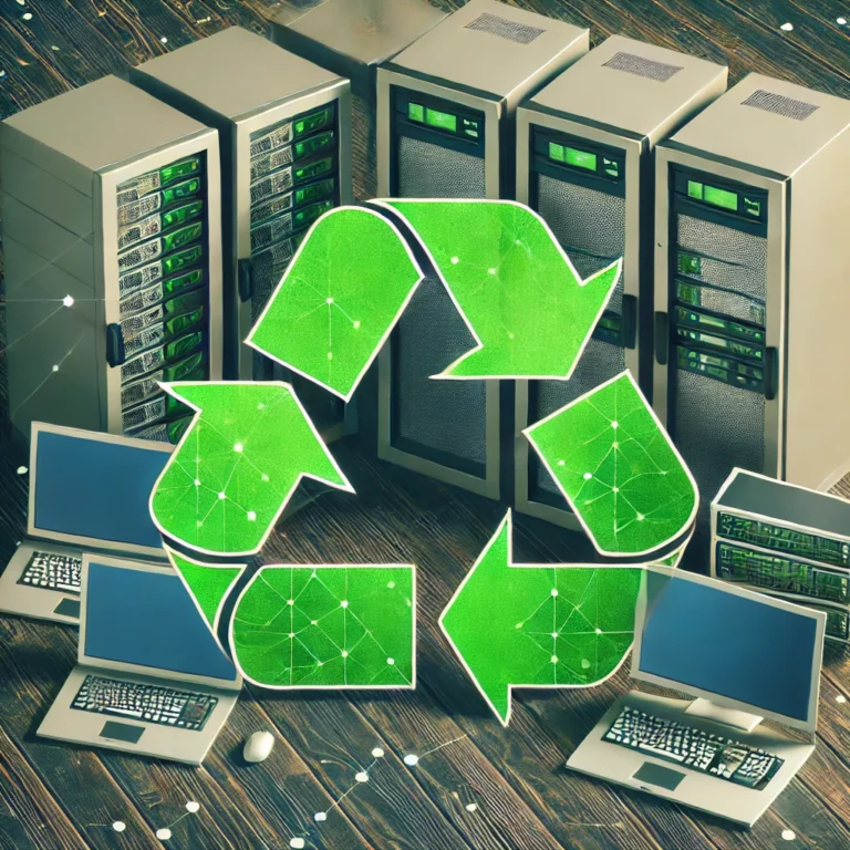 A-recycling-symbol-overlaid-on-IT-equipment-symbolizing-sustainability-and-e-waste-reduction
