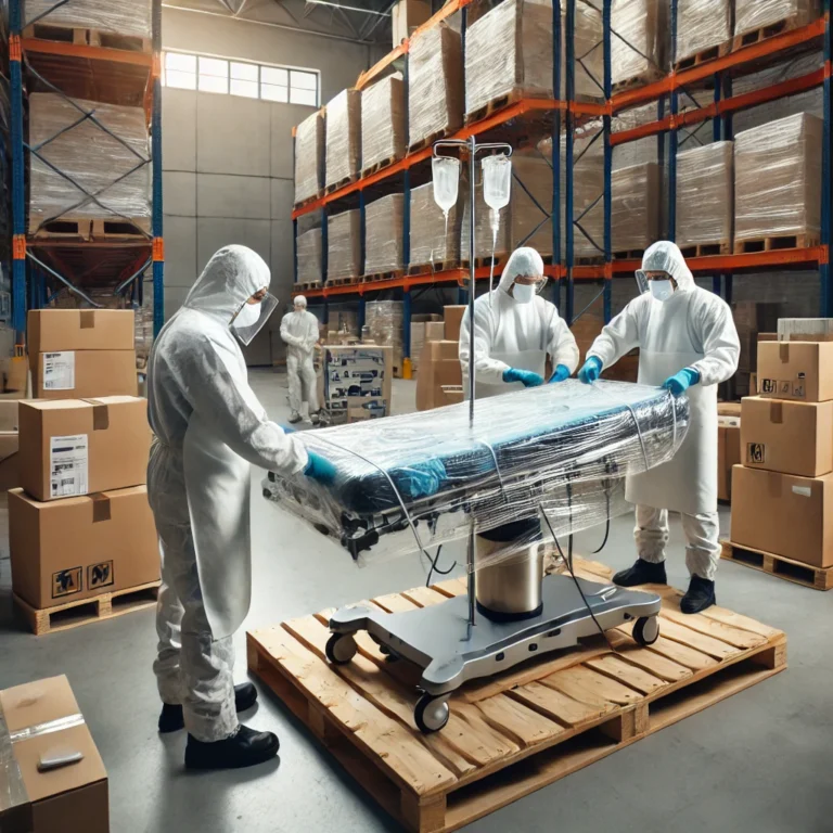 A-professional-logistics-team-carefully-packing-medical-equipment-for-transport