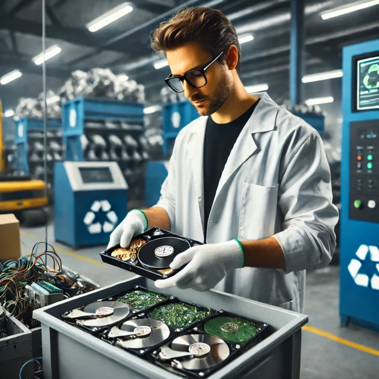 A-professional-IT-asset-disposition-ITAD-specialist-securely-handling-old-computer-hardware-and-hard-drives