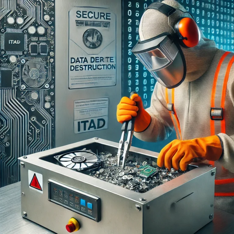 A-secure-data-destruction-process-for-ITAD-showing-a-technician-using-a-professional-grade-hard-drive-shredde