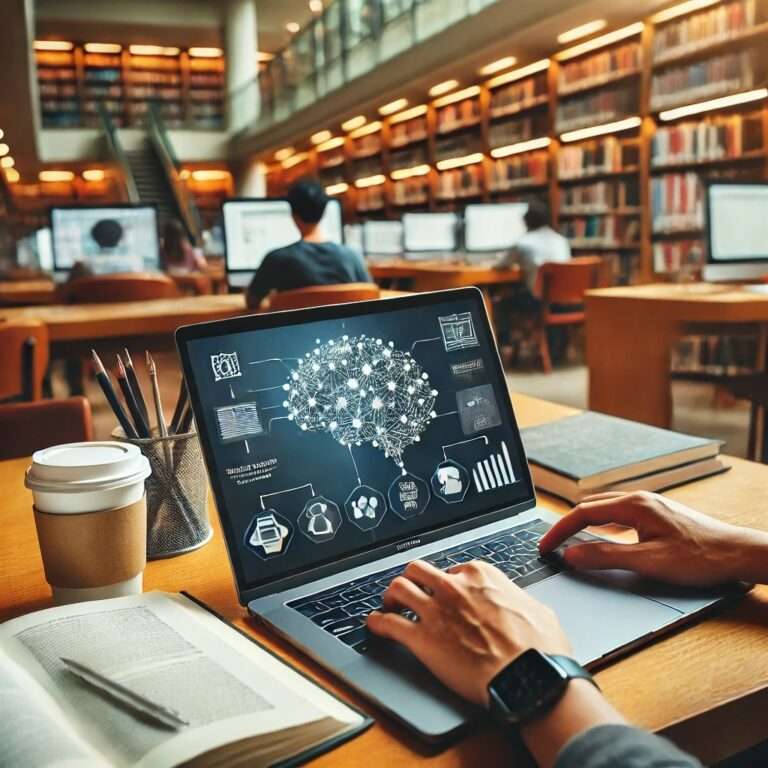 Person working on Macbook in library