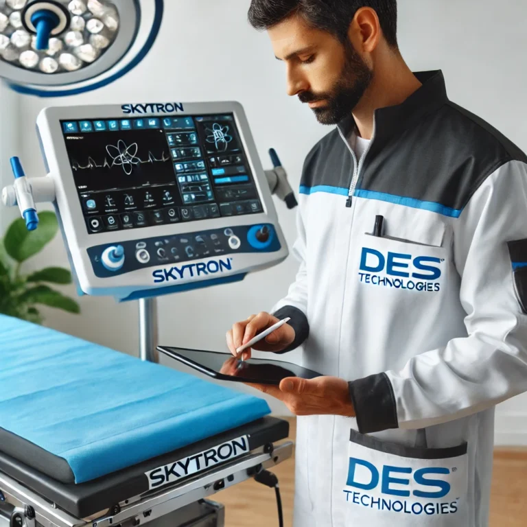 A-professional-medical-equipment-appraisal-scene-showing-a-technician-from-DES-Technologies-inspecting-a-Skytron-surgical-table.
