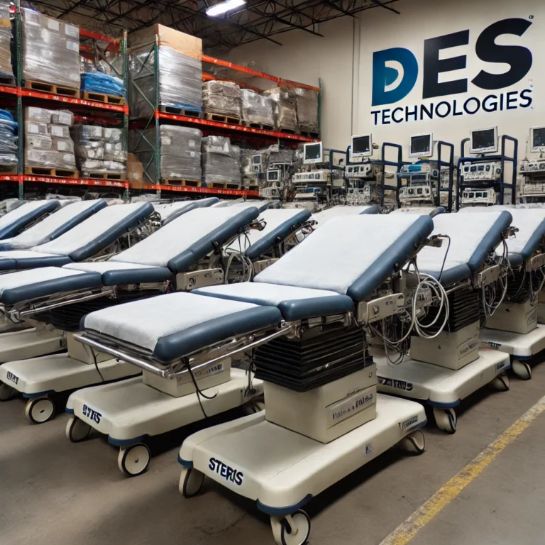 A-warehouse-scene-with-used-Steris-surgery-tables-stacked-and-organized-ready-for-resale-or-recycling