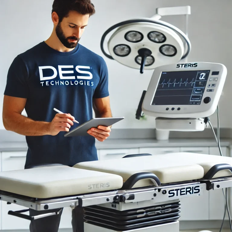 A-professional-medical-equipment-appraisal-scene-showing-a-DES-Technologies-technician-inspecting-a-Steris-surgical-table.