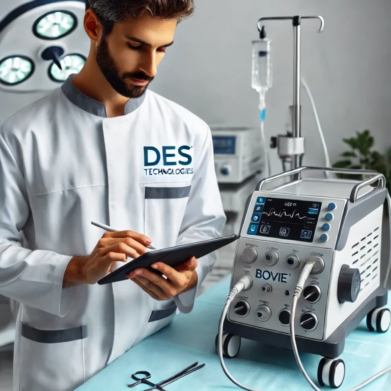 -professional-medical-equipment-appraisal-scene-with-a-DES-Technologies-technician-inspecting-a-Bovie-Medical-Electrosurgical-Unit