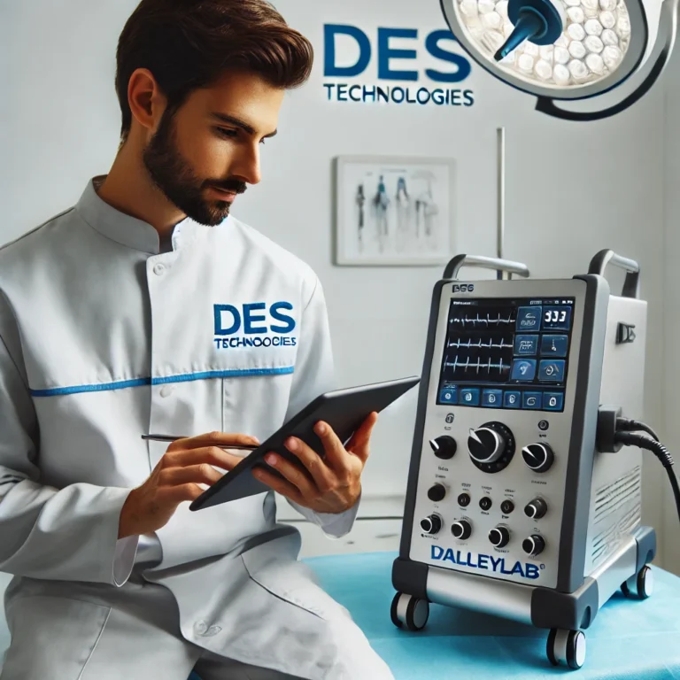 A-professional-medical-equipment-appraisal-scene-showing-a-technician-from-DES-Technologies-inspecting-a-Valleylab-Electrosurgical-unit