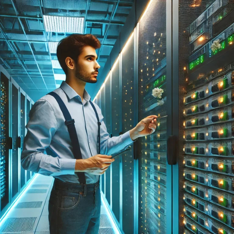 A-professional-IT-technician-in-a-data-center-inspecting-server-racks-showcasing-independent-maintenance-and-support-services