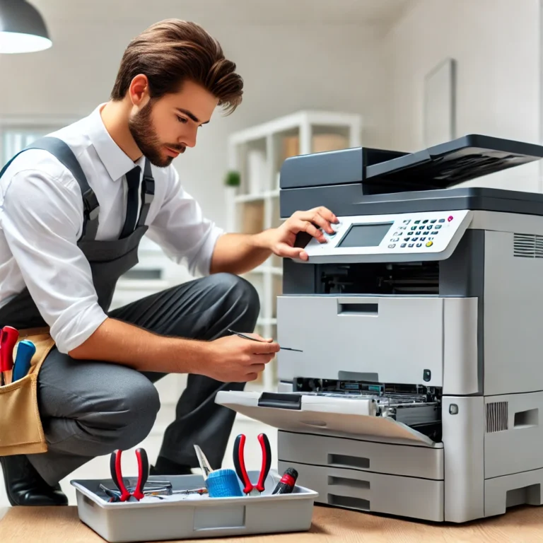 A-professional-technician-repairing-a-commercial-laser-printer-in-a-clean-office-environment