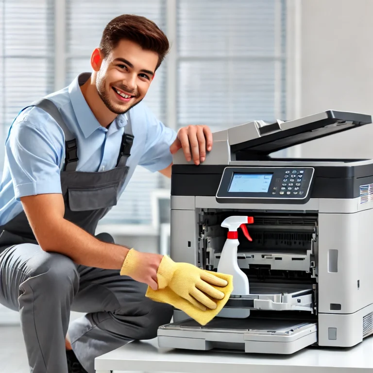 A-professional-technician-in-a-clean-office-environment-servicing-a-laser-printer