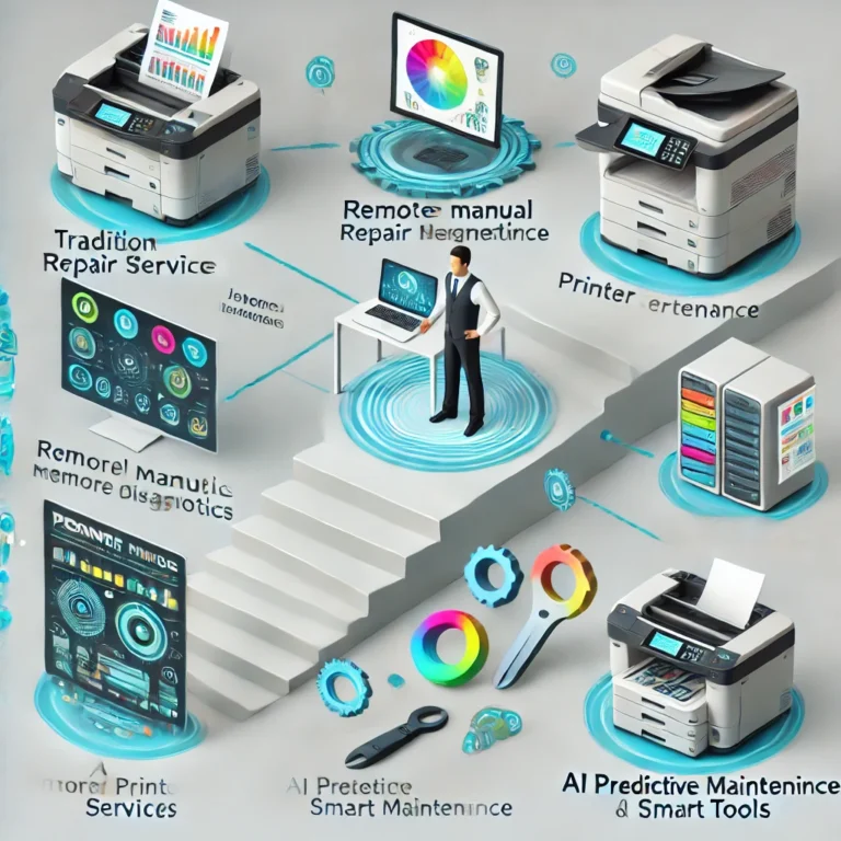 A-futuristic-infographic-showing-the-evolution-of-printer-repair-services-from-traditional-manual-repair-to-remote-diagnostics