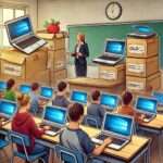 Classroom of students on laptops with boxes in the background