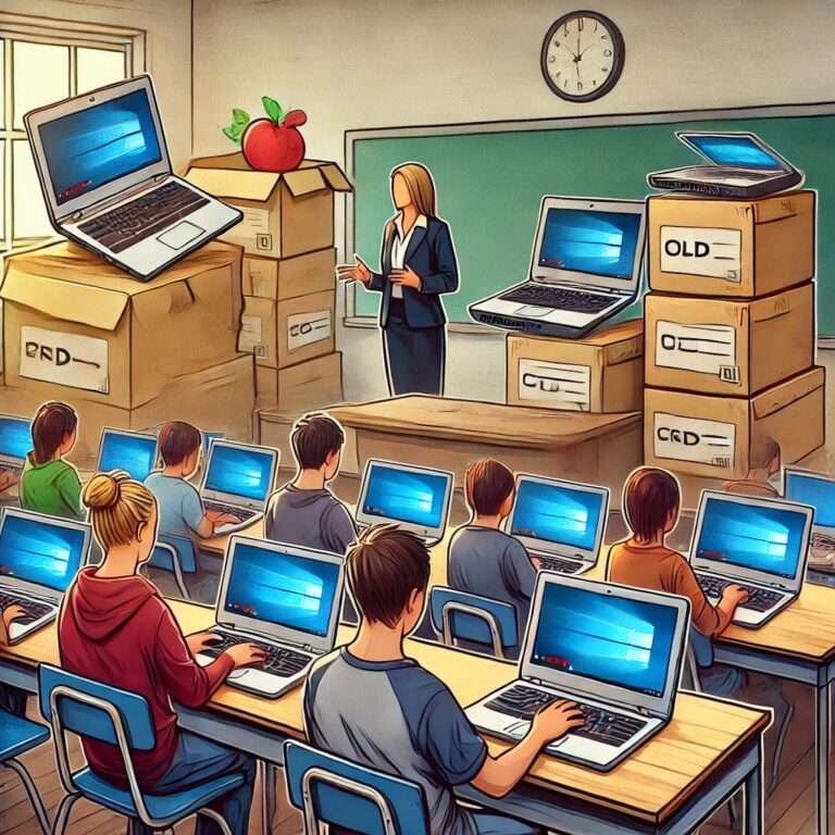 Classroom of students on laptops with boxes in the background