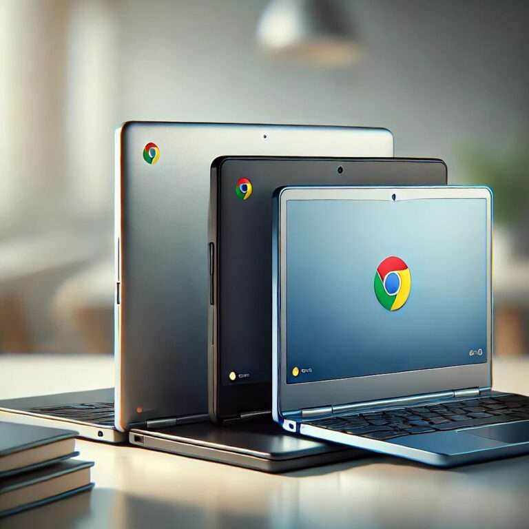 Three Chromebooks lined up next to eachother