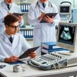 Three doctors sitting in front of medical equipment and an ultrasound machine