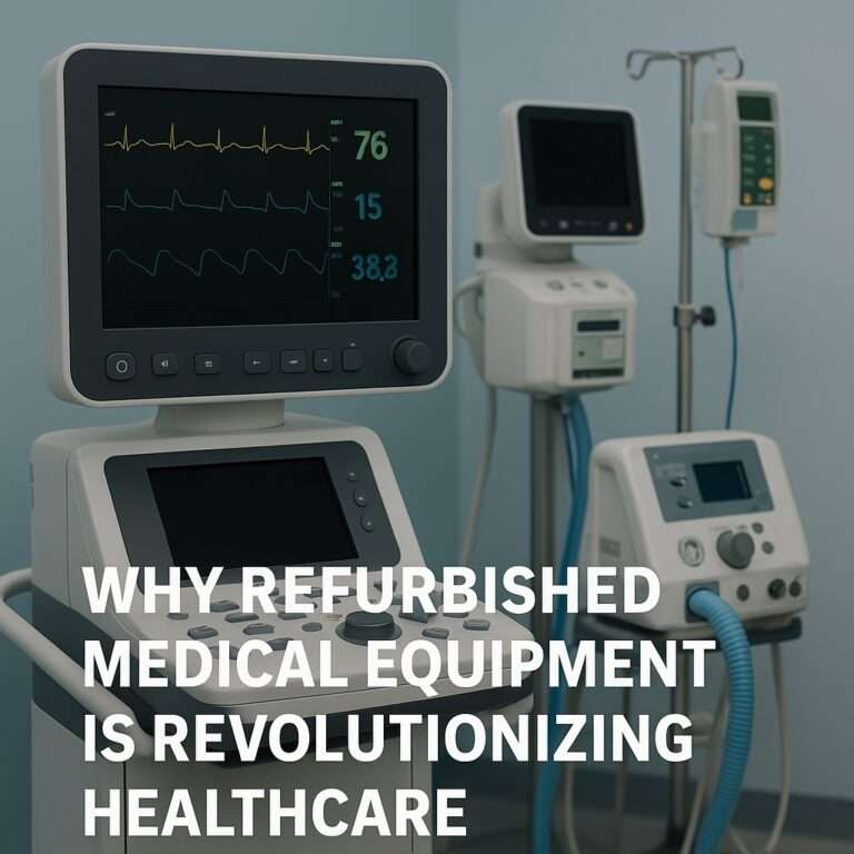 "Why refurbished medical equipment is revolutionizing healthcare" with medical equipment in back ground