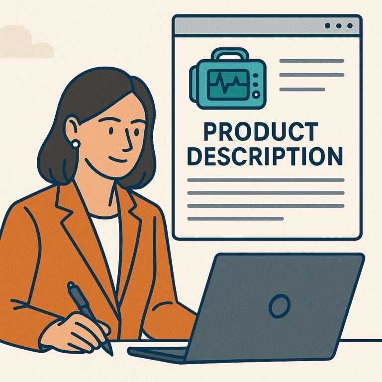 Women sitting at laptop writing product description