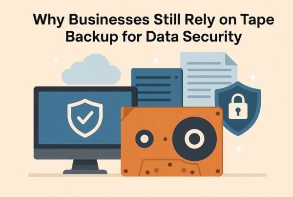 "Why businesses still rely on tape backup for data security" with image of computer and tape