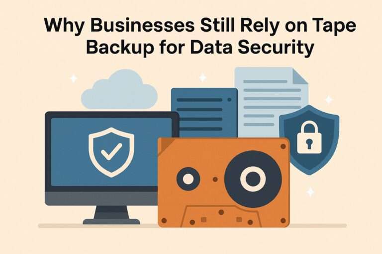 "Why businesses still rely on tape backup for data security" with image of computer and tape