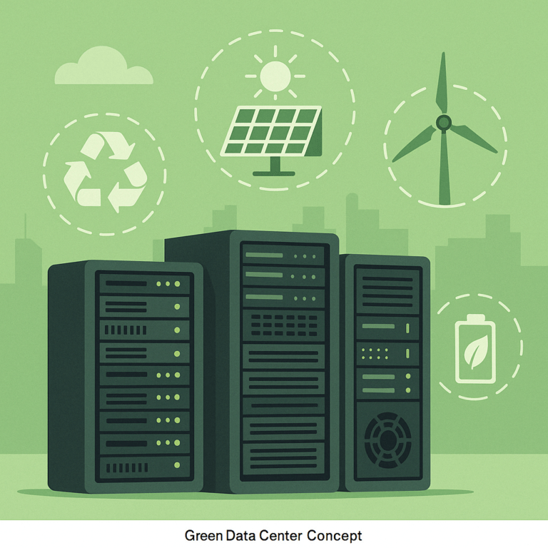 IT asset disposal with sustainability icons (recycle, reuse, energy-saving)