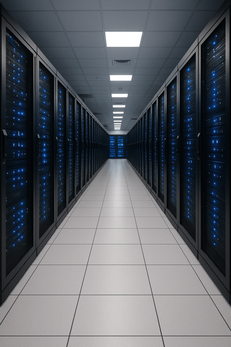 An IT professional reviewing AI integration plans on multiple monitors, with visual graphs and cloud interface icons