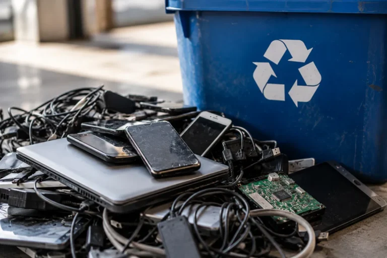 E-Waste Heap by Blue Recycling Bin