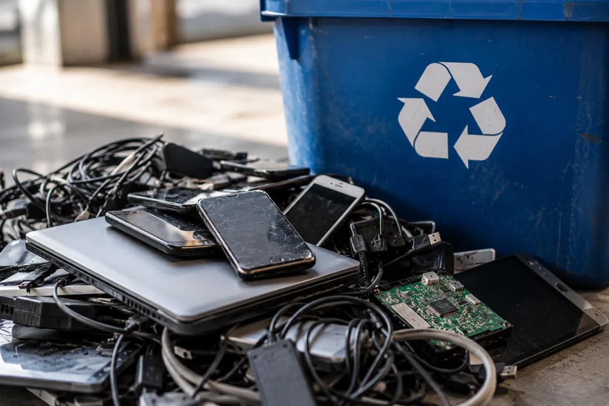 E-Waste Heap by Blue Recycling Bin