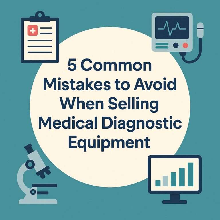 medical equipment surrounding text that reads "5 common mistakes to avoid when selling medical diagnostic equipment"