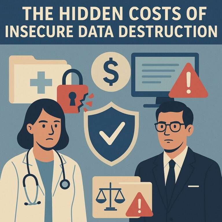 "The hidden Costs of Insecure Data Destruction" with two people standing in front of locked file and computer