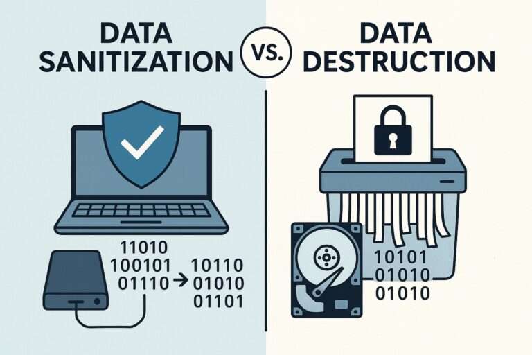 "Data Sanitization vs. Data Destruction" with image of laptop and shredder