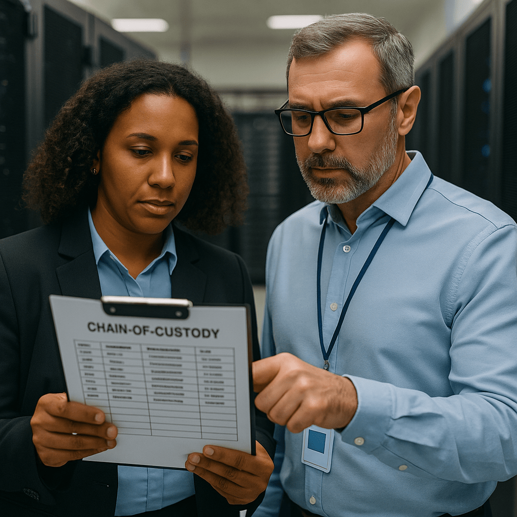 A compliance officer and IT manager reviewing secure chain-of-custody documents in a data center environment.