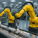 A modern medical manufacturing facility with robotic arms assembling medical devices