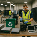 A recycling and data destruction facility with servers and laptops being processed securely, emphasizing sustainability and compliance.