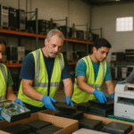 IT professionals in a secure warehouse handling and sorting e-waste (servers, laptops, printers) in the Inland Empire.