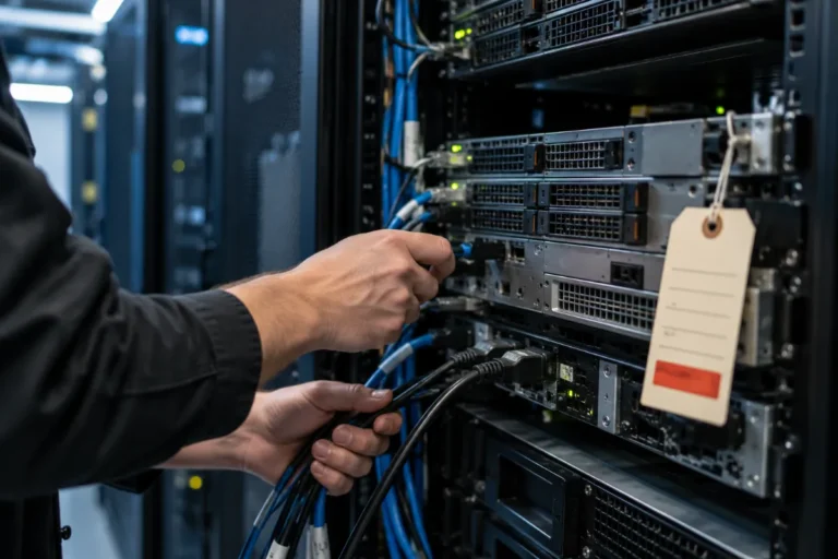 Technician Connecting Server Rack Cables
