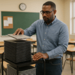 school IT staff member collecting a cart of used Chromebooks in a classroom setting.