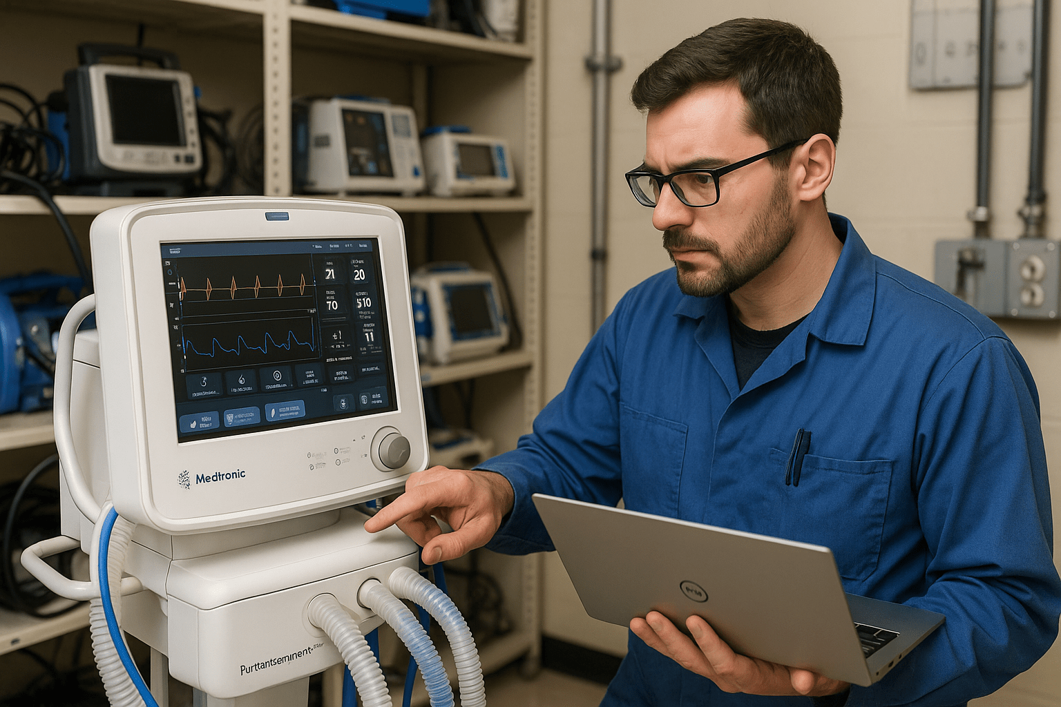 An IT and biomedical technician inspecting a Medtronic Puritan Bennett 980 ventilator in a hospital equipment room.
