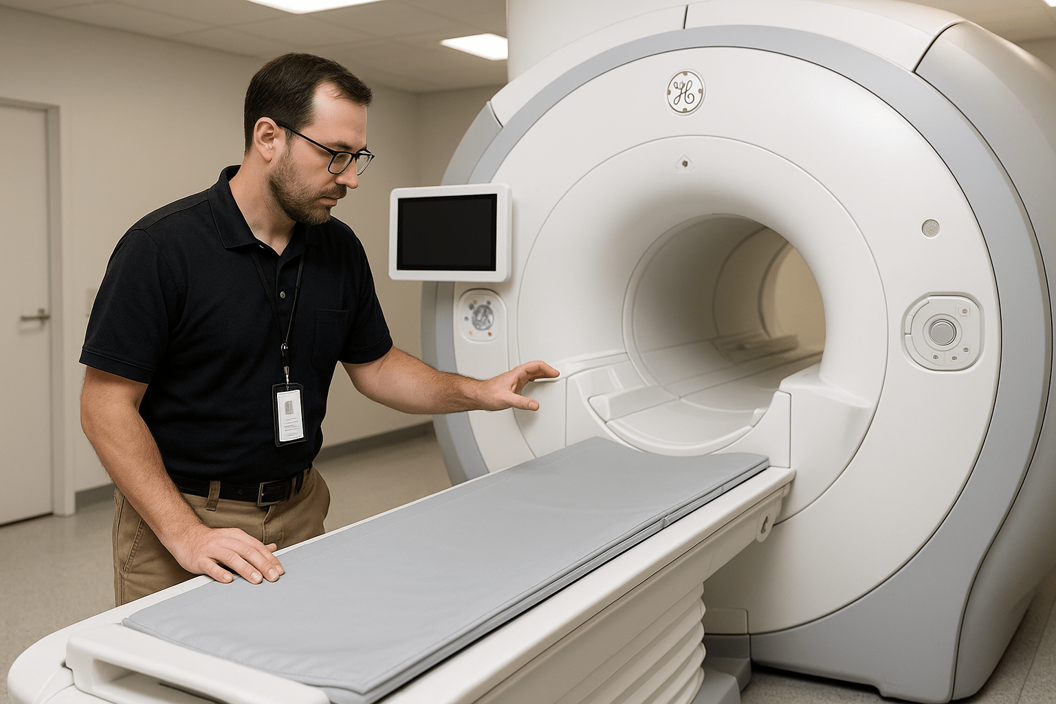 A realistic image of an IT or biomedical professional inspecting or preparing a GE Healthcare Signa Premier MRI system for resale in a hospital or diagnostic center environment. Clean, well-lit setting, equipment powered off.