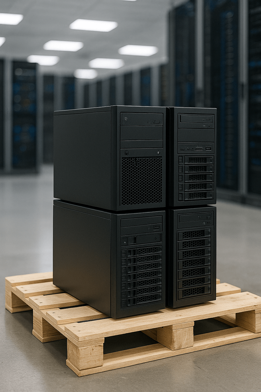 used tower servers on a pallet