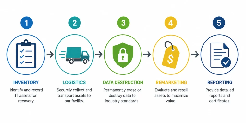 Five-step ITAD asset recovery process diagram from inventory to final reporting