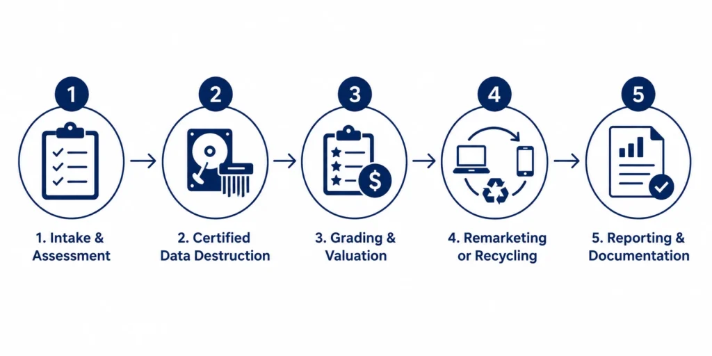 DES Technologies 5-step Education ITAD process: intake, data destruction, grading, recycling, and reporting