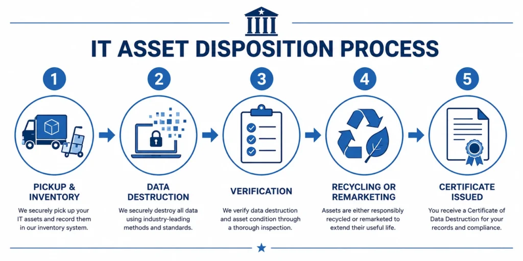 Government ITAD process diagram showing five steps from IT asset pickup to certificate of destruction