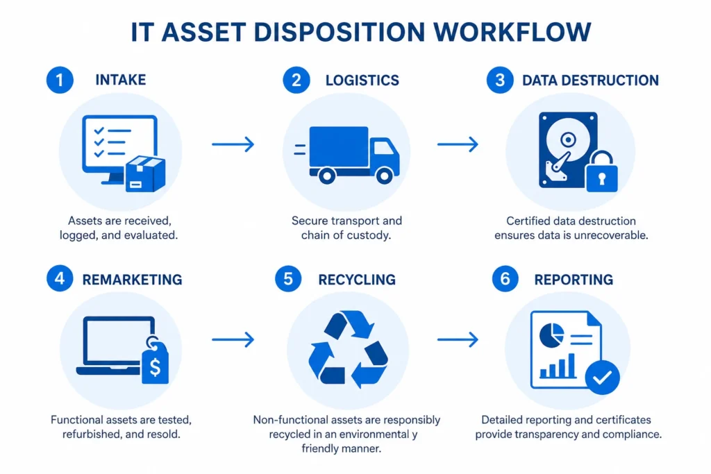 DES3Tech 6-step ITAD process from secure intake to certified data destruction and audit reporting