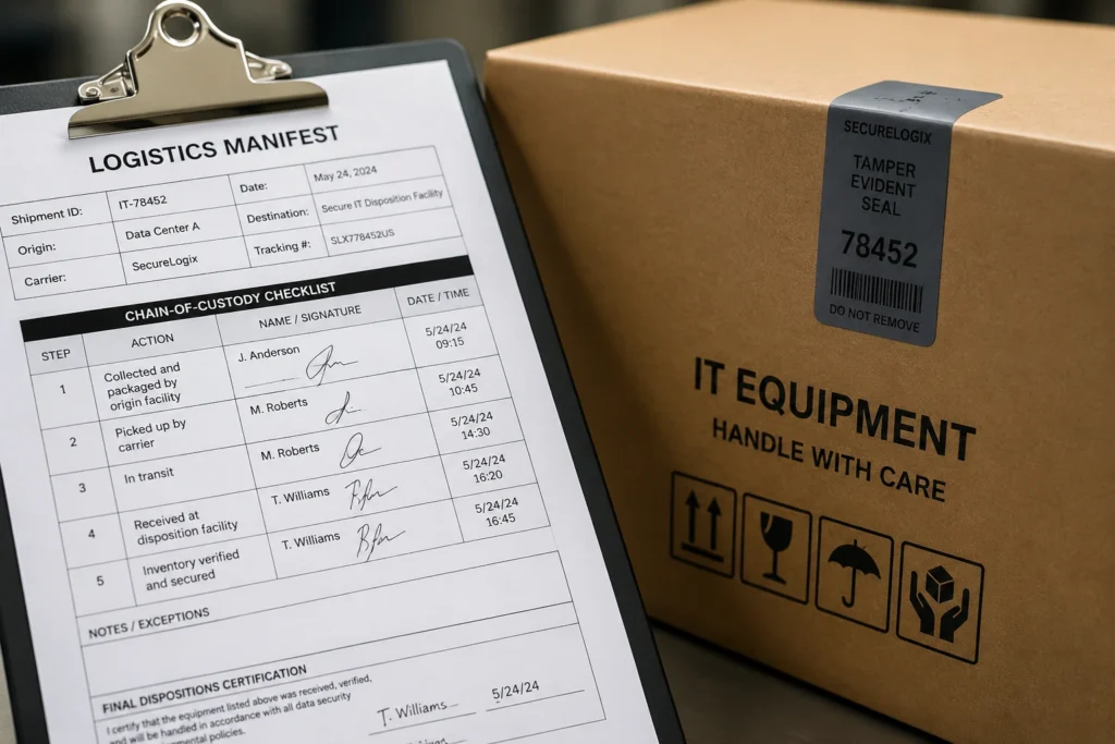 Chain-of-custody documentation for secure IT equipment shipping with serialized tamper-evident seals