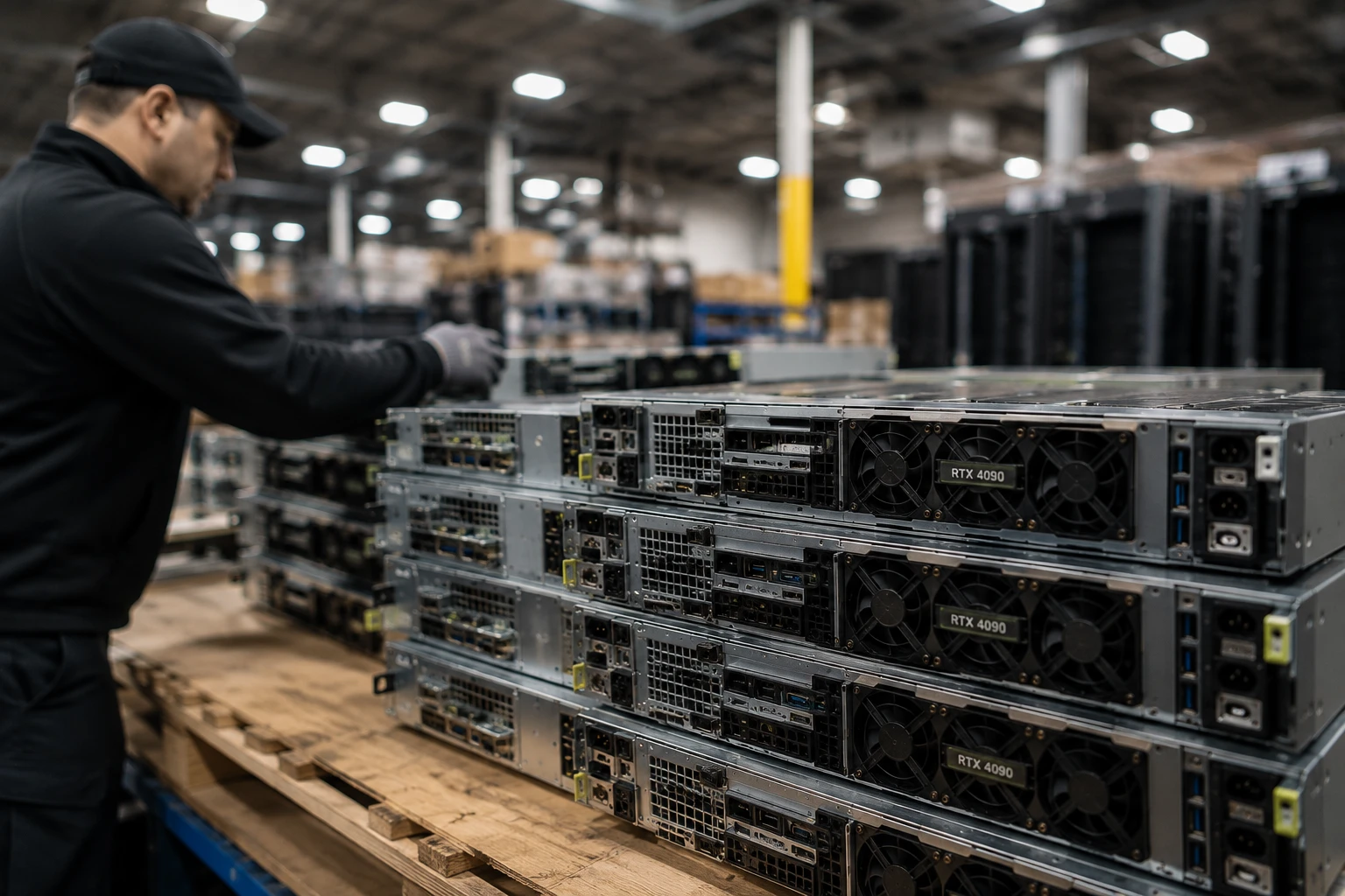 Server stack in industrial warehouse setting